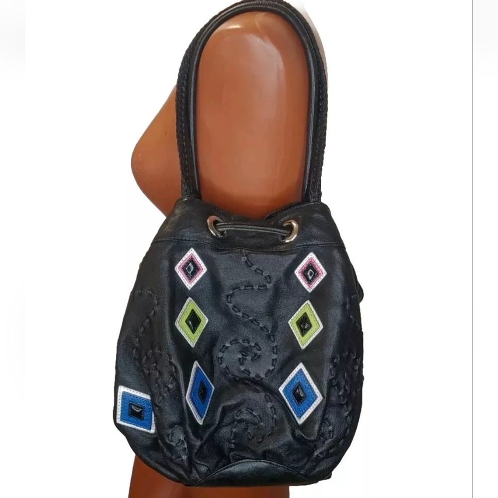 Chi Bucket Bag Black Leather Purse Diamond Retro Disco Hobo Boho Rockabilly Vtg